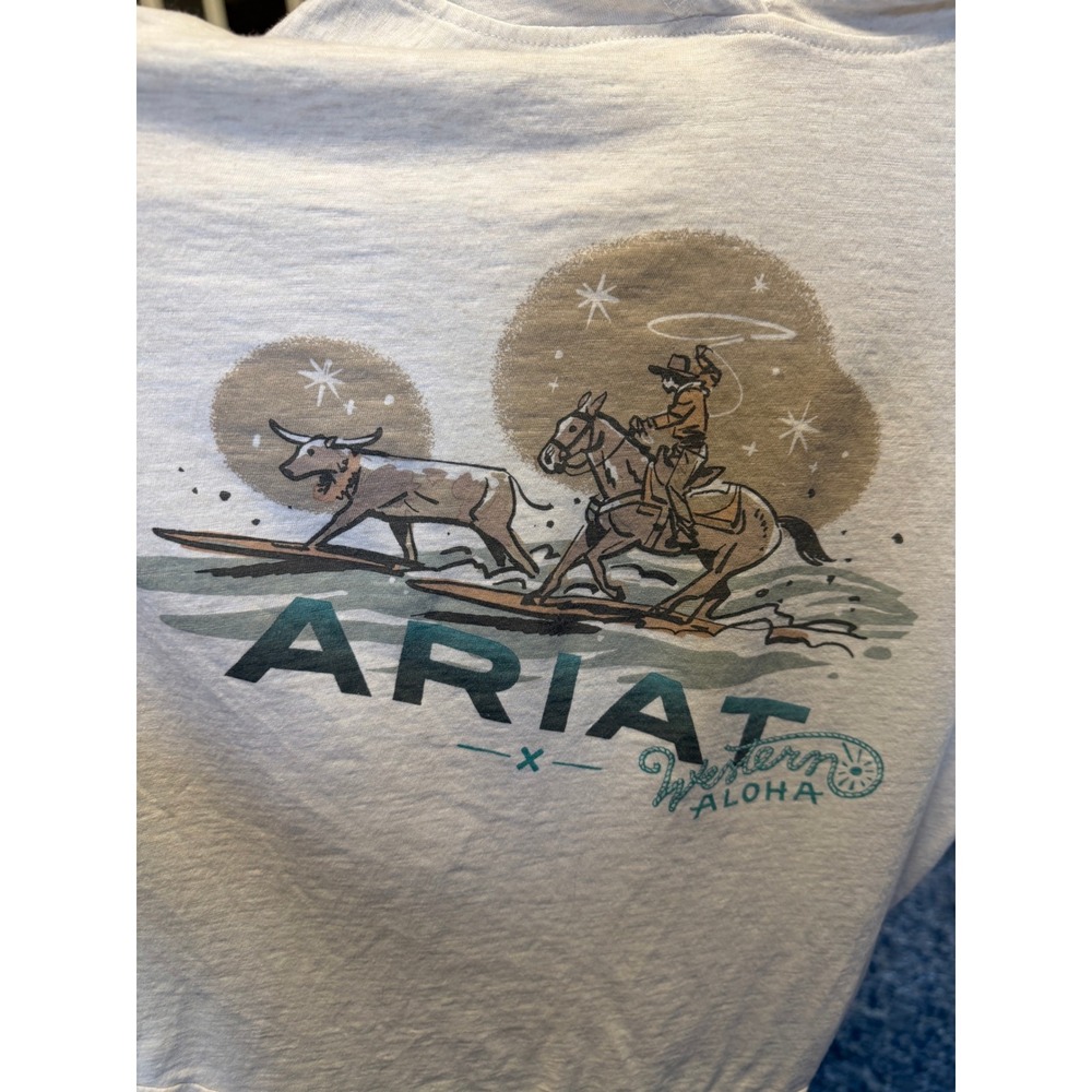 Ariat x Western Aloha Women Oatmeal Slub Knit Surfing Cowboy Graphic Hoodie M